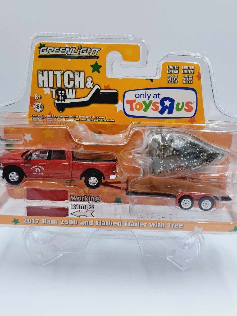 Toys R Us Greenlight Collectable 2017 Ram 2500 & Flatbed Trailer & Holiday Tree